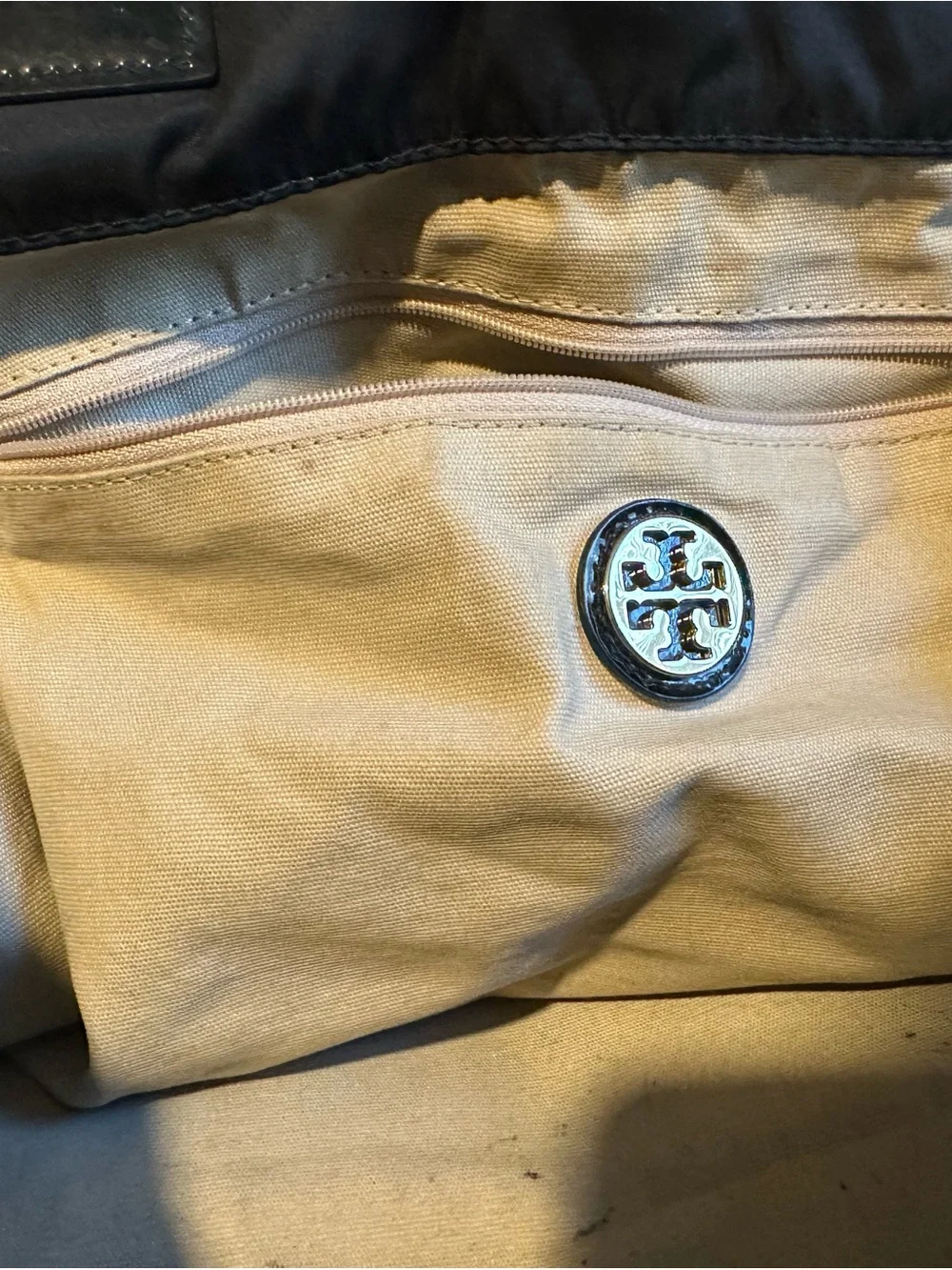 Tory Burch Black Tote Bag with Glossy patent leather Logo Accent